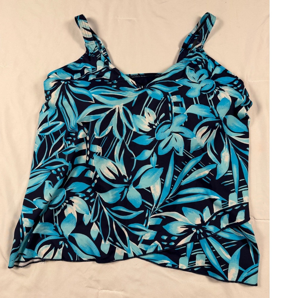 Lands End Blue‎ Floral Tankini Swim Top Plus Size 1X 16W-18W Tropical V-Neck